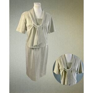 Vintage 50s 60s Genevieve Shimmer Gold Silver Tie Neck Pencil Skirt Dress 12